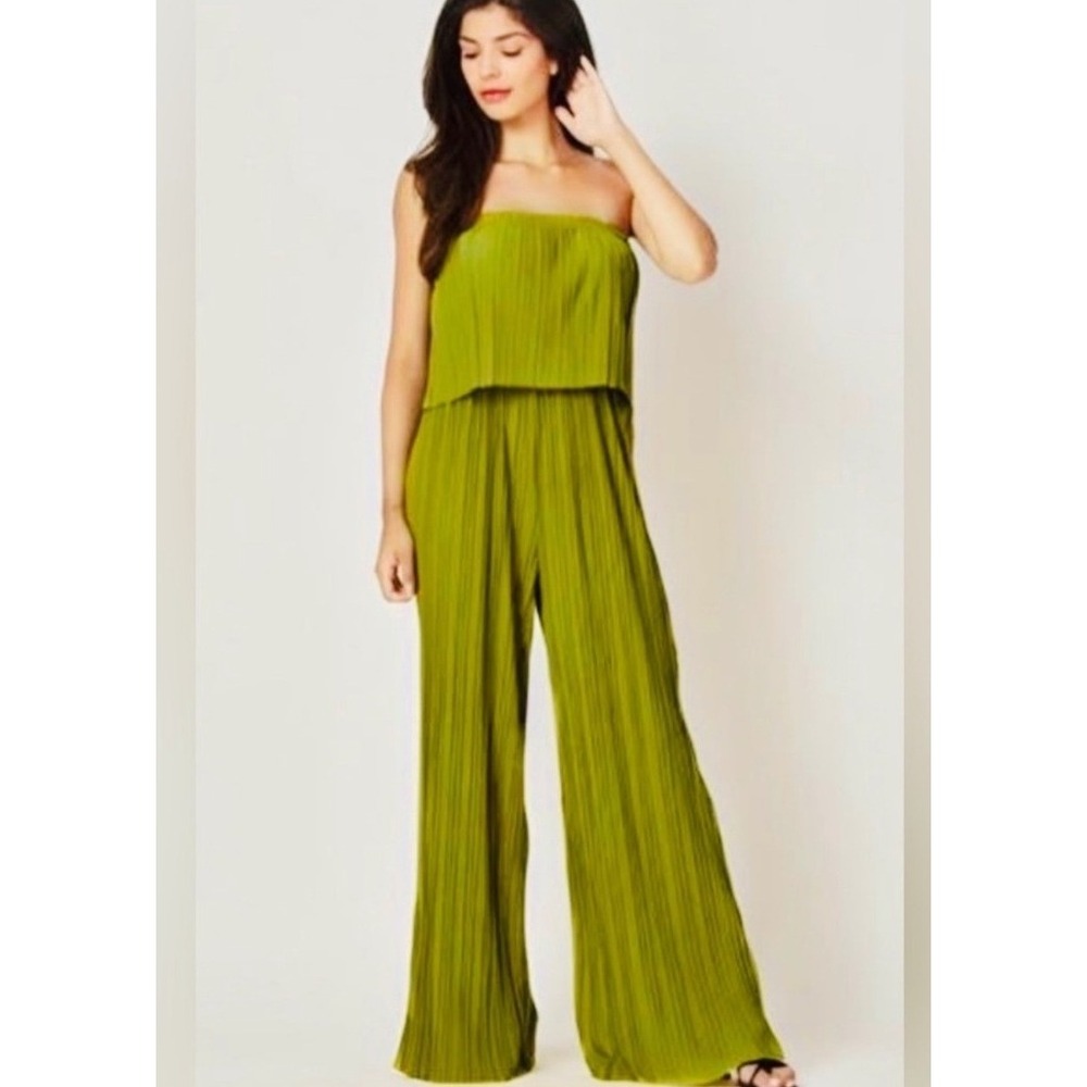 Love Poem by Block Olive Green Pleated Strapless Wide Leg Jumpsuit Size L NWT